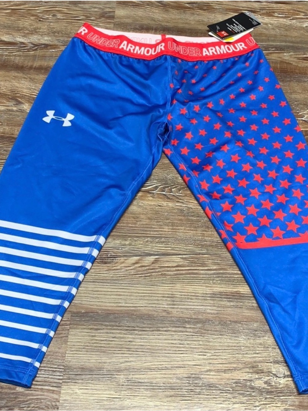 Under Armour Blue Capri Leggings with Red Star & Stripe Accents